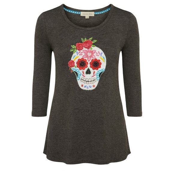 Clover + Pine Tops - Clover + Pine Top Sugar Skull floral Med. cinch waist Gray peplum Artisan art